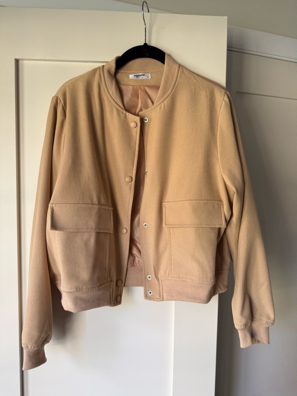 Tan Bomber Jacket with Front Flap Pockets